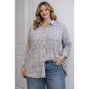 Free People Break My Stride Buttondown Top Pink Combo Medium M metallic